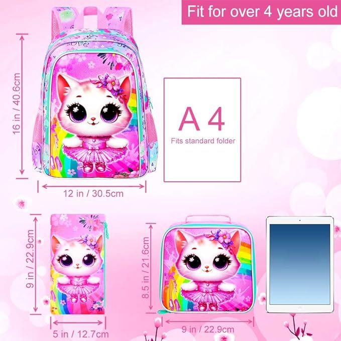 WZLVO 3PCS Kids Backpack for Girls, Unicorn Dinosaur Animal Prechool Elementary Kindergarten School Bookbag with Lunch Box