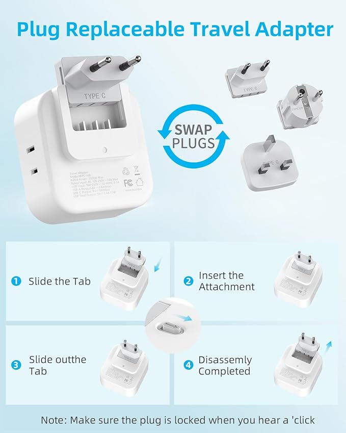 European Travel Plug Adapter Set, 8-in-1 Travel Adapter with 4 Outlets, 4 USB Ports (2 USB C), US to UK/EU Universal Travel Adapter, International Power Adapter with Type G/E/F/C Detachable Plugs