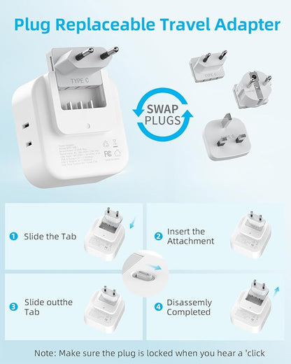 European Travel Plug Adapter Set, 8-in-1 Travel Adapter with 4 Outlets, 4 USB Ports (2 USB C), US to UK/EU Universal Travel Adapter, International Power Adapter with Type G/E/F/C Detachable Plugs