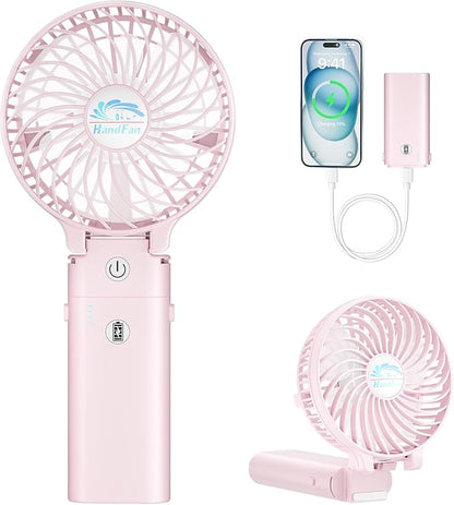 HandFan 5200mAh Handheld Fan Rechargeable, 20H Runtime Hand Fan, 3 Speeds Strong Airflow, Personal 180° Foldable Portable Fans for Travel/Summer/Concerts/Lash/Commute, Gifts for Women (Cherry Pink)