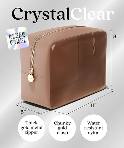 Embla London Makeup Bag Cosmetic Case, Clear Zipper Make Up Pouch and Toiletry Travel Tote, Cute Skincare Pouches for Women Girls, Preppy Purse Cosmetic Organizer, Large Makeup Bags, Mocha Mousse