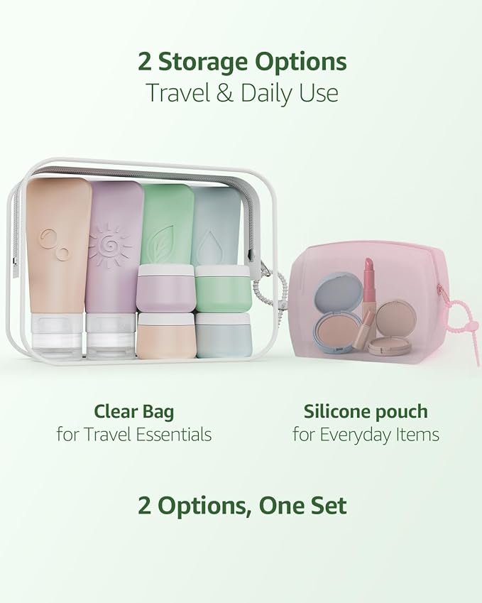 23-Piece All-in-One Silicone Travel Bottles Set – TSA Approved Leakproof Toiletry Kit with Double Bags, Flat Easy-Squeeze Bottles with Tactile Icons, Cream Jars, Pump & Spray, Cleaning Brush