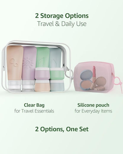 23-Piece All-in-One Silicone Travel Bottles Set – TSA Approved Leakproof Toiletry Kit with Double Bags, Flat Easy-Squeeze Bottles with Tactile Icons, Cream Jars, Pump & Spray, Cleaning Brush