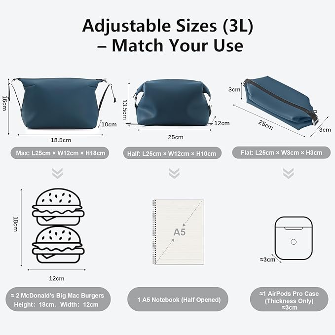 Vomgomfom 3L 6.5 Inch Silicone Toiletry Bag, Waterproof Leakproof Travel Cosmetic Organizer, Adjustable G-Buckle Compression Dopp Kit, Foldable Makeup Bag for Women & Men, Navy