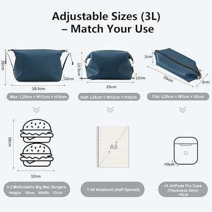 Vomgomfom 3L 6.5 Inch Silicone Toiletry Bag, Waterproof Leakproof Travel Cosmetic Organizer, Adjustable G-Buckle Compression Dopp Kit, Foldable Makeup Bag for Women & Men, Navy