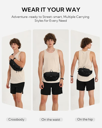 WATERFLY 3L Large Fanny Pack, 180° Opening Hip Pouch with Multi-Pockets, Anti-Theft RFID Blocking Waist Bag for Women Men Traveling Hiking Daily Use-Black