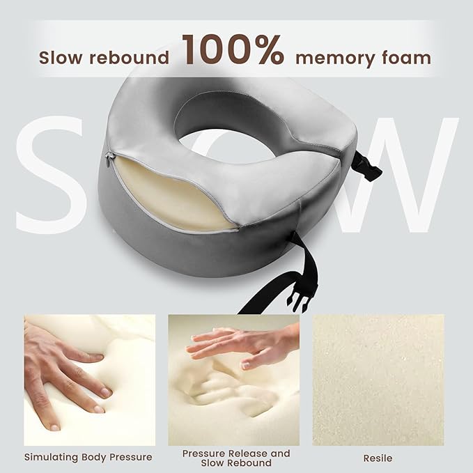 THXSILK 100% Mulberry Silk Neck Pillow for Traveling, Pure Memory Foam Travel Pillow for Airplanes, Travel Neck Pillow for Sleeping, Head and Neck Support, Includes Storage Bag (Grey)