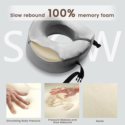 THXSILK 100% Mulberry Silk Neck Pillow for Traveling, Pure Memory Foam Travel Pillow for Airplanes, Travel Neck Pillow for Sleeping, Head and Neck Support, Includes Storage Bag (Grey)