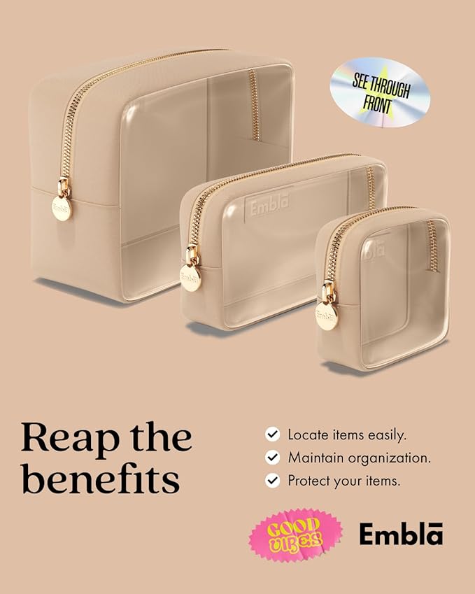 Clear Cosmetic Bags Set of 3, Mini Small Large Makeup Bags For Women Clear Pouch Cosmetics Cases Zipper Cute Pouches Make Up Travel Toiletry Essentials Preppy Purse Organizer Makeup Cases, Sand