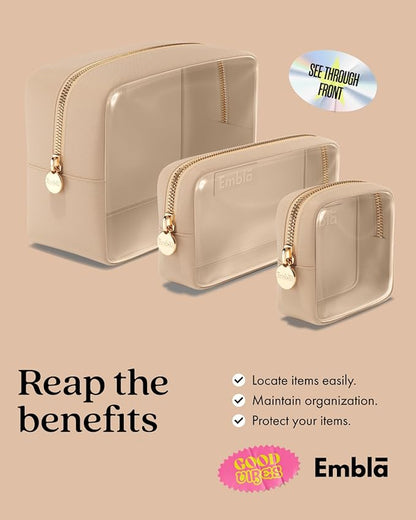 Clear Cosmetic Bags Set of 3, Mini Small Large Makeup Bags For Women Clear Pouch Cosmetics Cases Zipper Cute Pouches Make Up Travel Toiletry Essentials Preppy Purse Organizer Makeup Cases, Sand