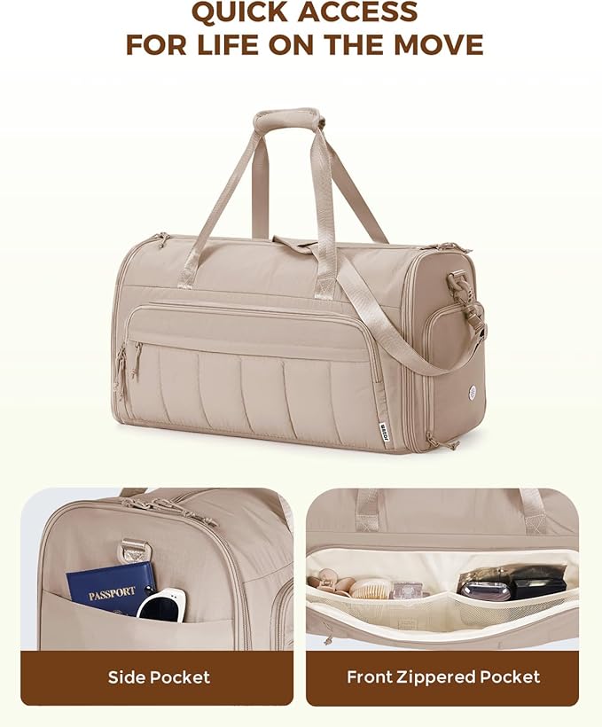 WANDF Convertible Garment Bags for Travel with Wet Pocket Carry on Garment Duffle Bag 2 in 1 Puffy Hanging Clothes Travel Bags with Shoe Compartment for Airplanes Business Weekend Gym Wedding (Khaki)