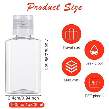 100Pcs 1oz empty travel size bottles 30ml Flip Cap small lotion bottles mini plastic bottle for toiletries clear refillable sample bottle for liquid,shampoo and conditioner container