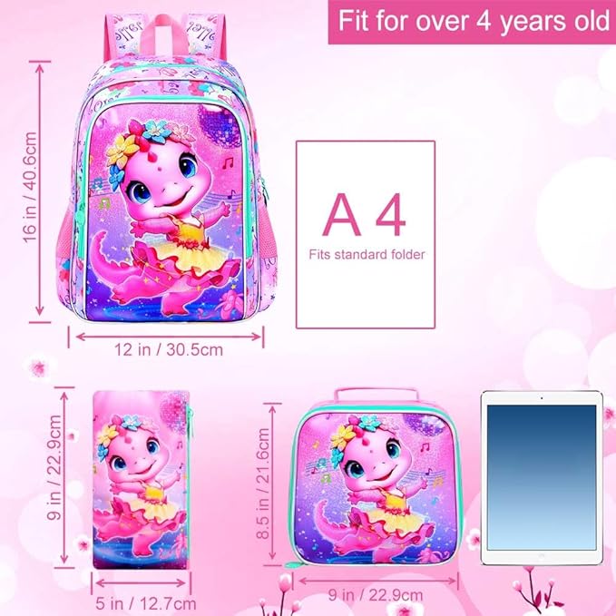 WZLVO 3PCS Kids Backpack for Girls, Unicorn Dinosaur Animal Prechool Elementary Kindergarten School Bookbag with Lunch Box