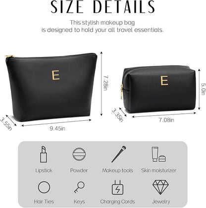 Women Gifts | Initial Makeup Bag Set for Girl Personalized Gifts for Bridesmaid Friend Graduation Teachers PU Leather Cosmetic Travel Toiletry Bag(Black,E)