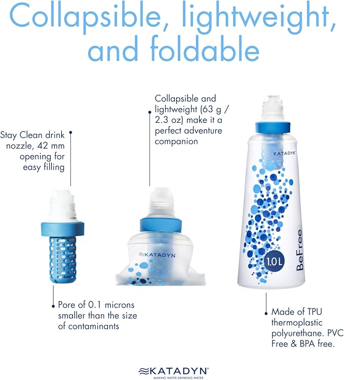Katadyn BeFree 1.0L Ultralight Collapsible Water Filter Bottle for Hiking, Camping, Backpacking