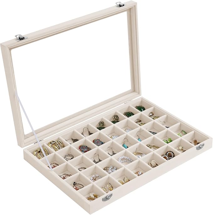Stratalife Jewelry Organizer 40 Grid Jewelry Trays with Dust-proof Lid Velvet Earring Organizer Ring Holder Accessories Box Necklaces Earrings Storage for Women Drawers Cream