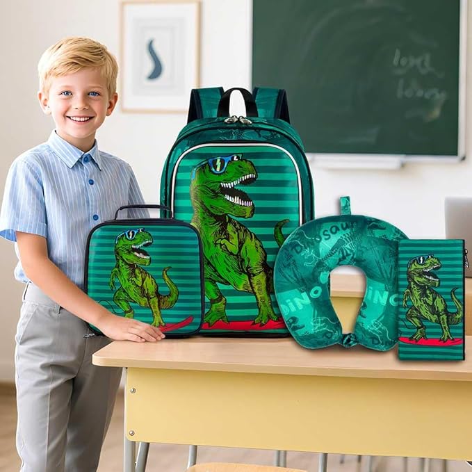 AGSDON 5 Piece Kids Luggage Set for Boys, Cute Rolling Wheels Suitcase for Toddler, Children Travel Carry on Suitcase-Dinosaur