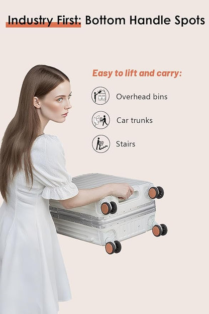 26 Inch Hardside Checked Luggage with Leather Handle, PC Zipperless Suitcase with Spinner Wheels and TSA Locks, Lightweight Checked Luggage for Travel, Grey