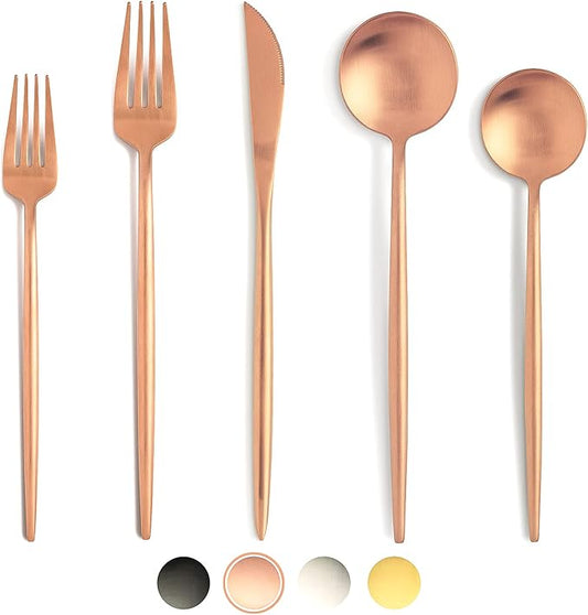BirdyFly Matte Rose Gold Silverware Set, 20 Piece Stainless Steel Flatware Set Service for 4, Matte Rose Gold Cutlery Set, Include Knives/Forks/Spoons, Dishwasher Safe