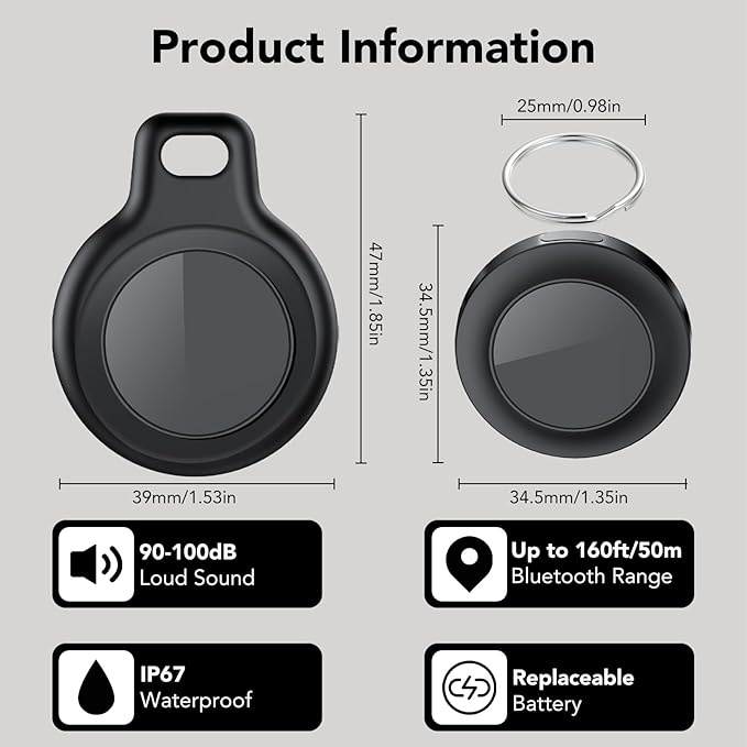 Bluetooth Tracker Tag for Apple Find My (iOS Only), GPS Tracker with Replaceable Battery, Item Finder for Keys, Luggage Tracker and Wallet Tracker, Suitable for Indoor & Outdoor Use, 4-Pack Black