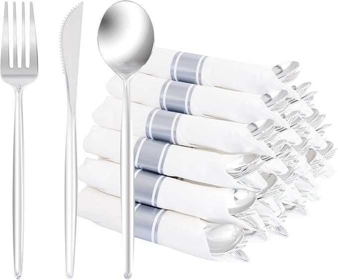 LUODA 30 Pack Pre Rolled Silver Plastic Silverware, Heavy Duty Wrapped Disposable Cutlery Set Includes 30 Forks, Knives, Spoons & Linen Napkins, Silver Flatware Set for Party