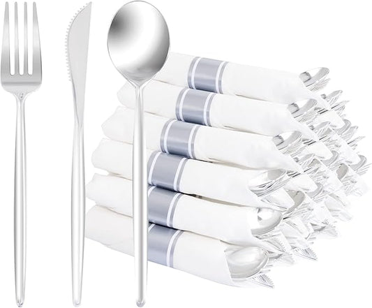 LUODA 30 Pack Pre Rolled Silver Plastic Silverware, Heavy Duty Wrapped Disposable Cutlery Set Includes 30 Forks, Knives, Spoons & Linen Napkins, Silver Flatware Set for Party