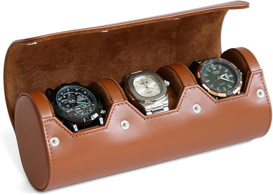 Leather Watch Case - Variable Size Watch Pillow Design, Organizer Box with Faux Suede Lining for Men & Women, Brown, 3 Slot Design