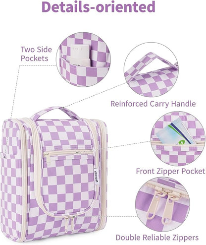 Narwey Small Checkered Hanging Travel Toiletry Bag for Women, Travel Bag for Toiletries, Makeup Bag Organizer Cosmetic Bags Make Up Bags for Women (Purple Checkerboard)