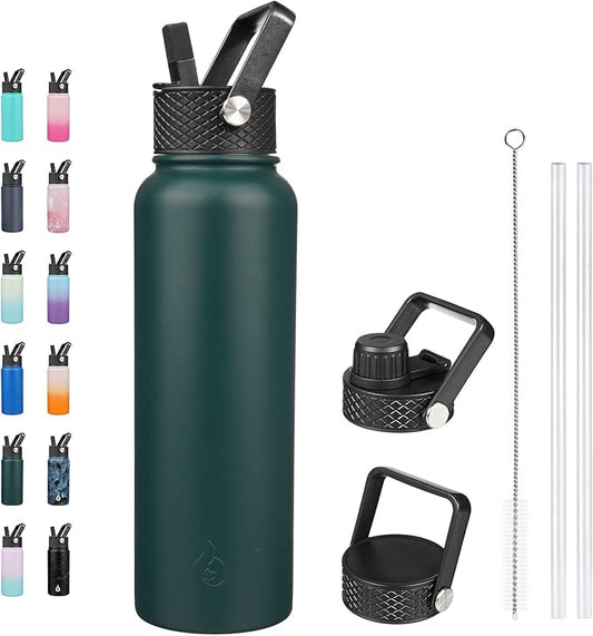 BJPKPK Insulated Water Bottles with Straw Lid, 40oz Stainless Steel Metal Water Bottle with 3 Lids, Reusable Thermo, Keep Cold Hot for Sports, Gym-Army Green