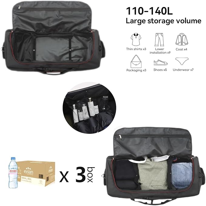 Vomgomfom 32" Soft-Sided Foldable Wheeled Travel Duffel Bag,Expandable 110L to 140L Rolling Cargo Bag with 2 Wheels and Multiple Pockets,Black-red