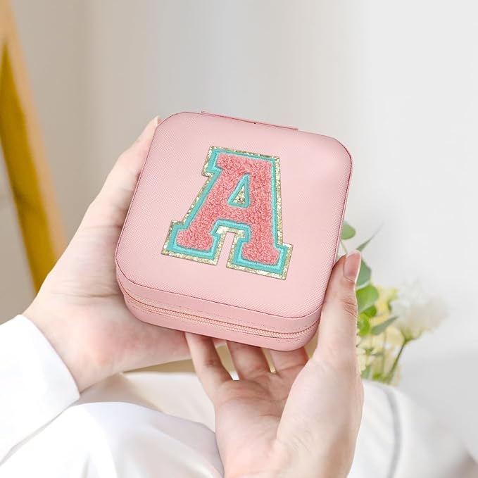 SANDJEST Personalized Jewelry Box, Pink Travel Jewelry Box with Initial A, Small Monogrammed Jewelry Case Organizer for Girls Women Teen Kids, Mini Travel Essentials Gifts for Birthday Christmas