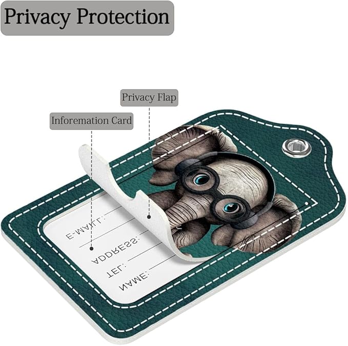 Funny PU Leather Luggage Tags 2-Pack with Headphones Cute Little Elephant Cute Pattern Suitable for Suitcase Stainless Steel Loop and Address Card Essential for Cruise and Airport Travel