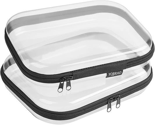 Hard Sided Clear Zipper Case for Storage- Professional-Grade Plastic Clear Zipper Pencil Case,Toy Storage Bins, Toiletry Bags, Travel Organizer（Black,2 Pack, M）