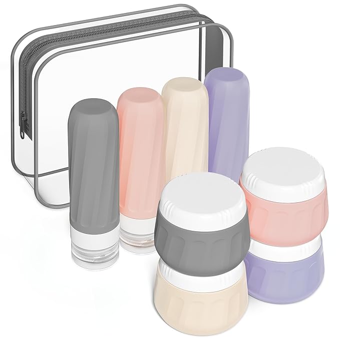 Travel Size Toiletries 8 Pack, TSA Approved 3oz Silicone Squeeze Bottles & Cream Jars with Clear Travel Bag