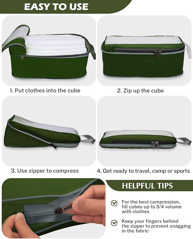 Gonex 8 Set Compression Packing Cubes for Travel, Expandable Mesh Packing Organizer for Travel Accessories Essentials with Toiletry Bag, Laundry Bag, Shoe Bag, Cable Bag for Carry On, Deep Green