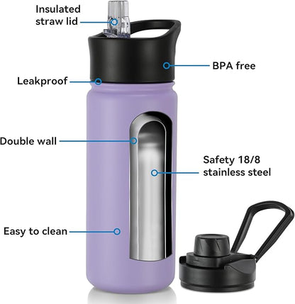 16 oz Insulated Water Bottle with Straw Lids, Stainless Steel Kids Water Bottles for School, Double Wall Vacuum Metal Water Bottle with Straw & Wide Mouth Lid, Lavender 1 Pack