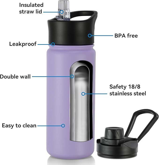 16 oz Insulated Water Bottle with Straw Lids, Stainless Steel Kids Water Bottles for School, Double Wall Vacuum Metal Water Bottle with Straw & Wide Mouth Lid, Lavender 4 Pack
