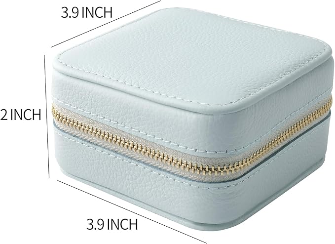 Genuine Leather Travel Jewelry Case Organizer with Mirror for Women, Small Jewelry Box Portable Mini Jewelry Case for Earring, Ring, Necklace, Bracelet（Lychee Grain Blue）