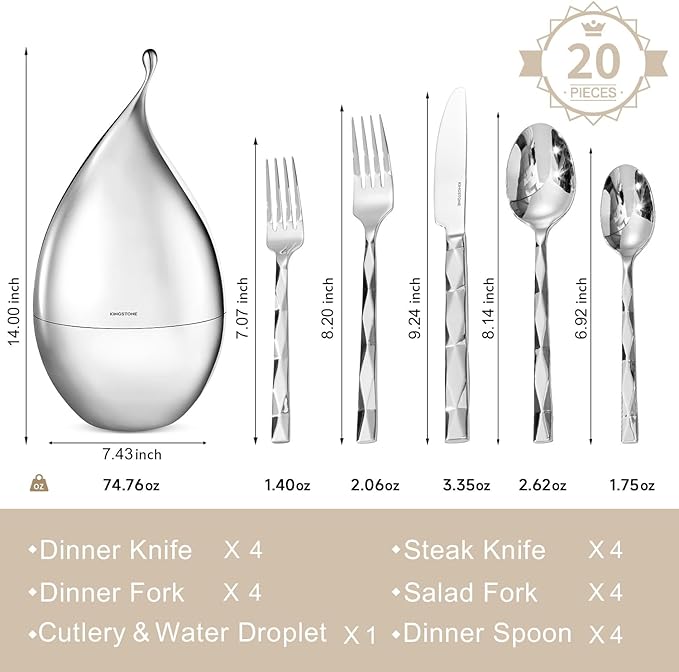 KINGSTONE Silverware Set with Waterdrop Storage Organizer, Luxury 20 Piece Flatware Set for 4, 18/10 Stainless Steel Cutlery Set with Diamond Cut Pattern Ideal for Kitchen,Party and Gift