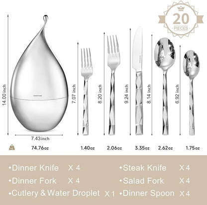 KINGSTONE Silverware Set with Waterdrop Storage Organizer, Luxury 20 Piece Flatware Set for 4, 18/10 Stainless Steel Cutlery Set with Diamond Cut Pattern Ideal for Kitchen,Party and Gift
