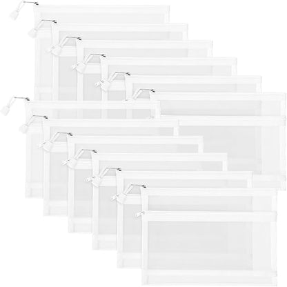 12 Pieces Zipper Nylon Mesh Pouch, Mesh Cosmetic Bags Makeup Bags Pencil Case, Multipurpose Travel Bags for Cosmetic School Office Supplies and Travel Accessories (2 Layers-White, A5)