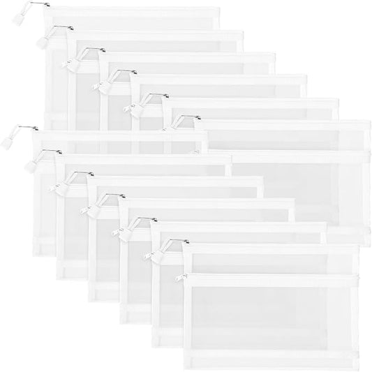 12 Pieces Zipper Nylon Mesh Pouch, Mesh Cosmetic Bags Makeup Bags Pencil Case, Multipurpose Travel Bags for Cosmetic School Office Supplies and Travel Accessories (2 Layers-White, A5)