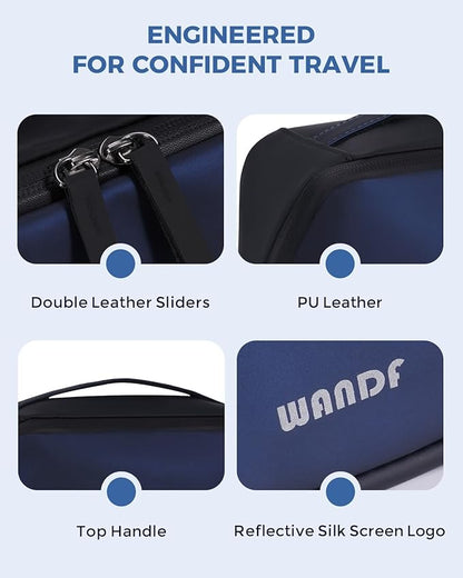 WANDF Toiletry Bag for Men, PU Leather Travel Organizer with Detachable Waterproof Hanging Pouch, Open-Flat Dopp Kit Shaving Bag with Wet Pocket for Travel Toiletries Accessories (Navy Blue)