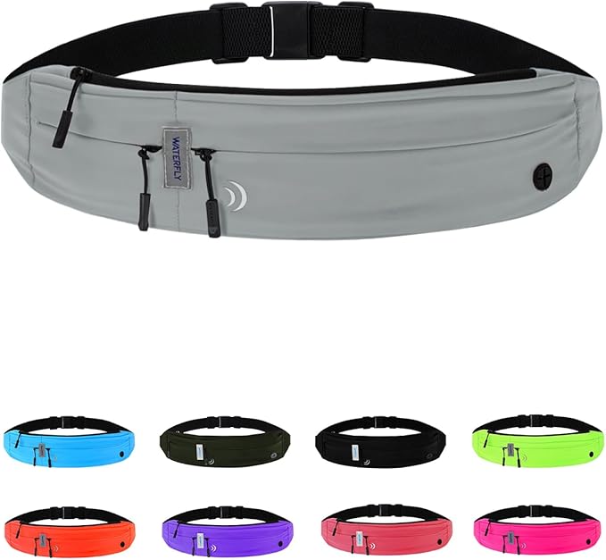 WATERFLY Running Belt Fanny Pack: Runner Marathon Jogging Waist Pack Sport Workout Exercise Fitness Phone Holder Belt for Men Women Jogger Slim Waistband Black