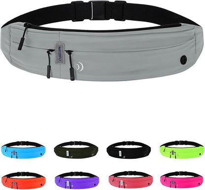 WATERFLY Running Belt Fanny Pack: Runner Marathon Jogging Waist Pack Sport Workout Exercise Fitness Phone Holder Belt for Men Women Jogger Slim Waistband Black