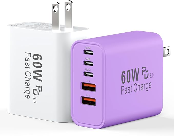 USB C Fast Charger Block, 60W 5-Port USB C Wall Charging Blocks, Type C Chargers Fast Charging Brick, 3USB C+2USB A PD&QC3.0 Multiport Charger Plug for Phone 17/16/15/14/13 Pro Max, White+Purple