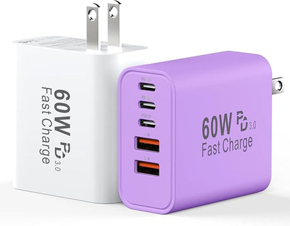 USB C Fast Charger Block, 60W 5-Port USB C Wall Charging Blocks, Type C Chargers Fast Charging Brick, 3USB C+2USB A PD&QC3.0 Multiport Charger Plug for Phone 17/16/15/14/13 Pro Max, White+Purple