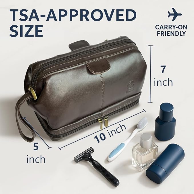 RUSTIC TOWN Leather Toiletry Bag for Men - Shaving Ditty Kit - Travel Gift Bathroom Shower Toiletries Organizer - Cosmetic Makeup Bag for Women (Chocolate Brown)