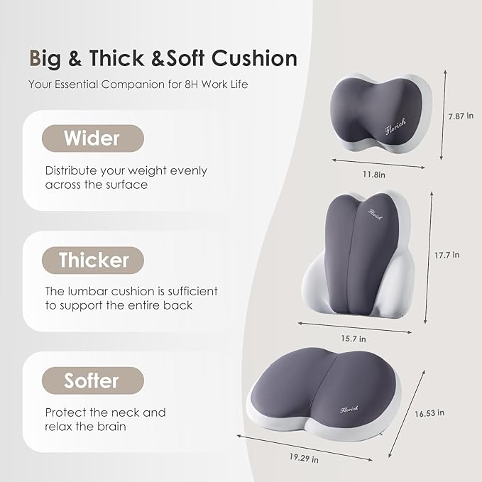 FLORICH 3 PCS Seat Cushion for Carseat Lumbar Support Pillow Car Neck Headrest Pillows Ultrathick Memory Foam Seat Pads Pressure Relief Back Cushion for Office Chair(Beige Grey)