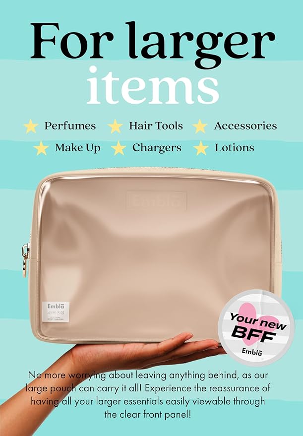 Embla Clear Cosmetic Bag Makeup Case, Clear Zipper Make Up Pouch and Toiletry Travel Tote, Cute Skincare Pouches for Women Girls, Preppy Purse Cosmetic Organizer, Large Makeup Bags, Sand